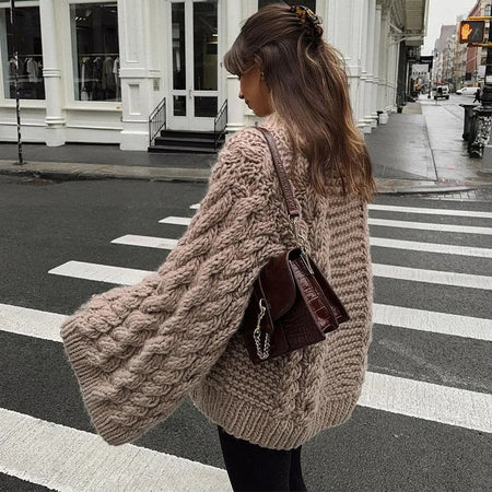Emily Oversized Statement Pullover - back shot on model, beige - Miss Mosa By Akanksha