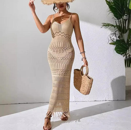 Emira Soft Knit Crochet Dress Resortwear - front shot on model, beige - Miss Mosa By Akanksha