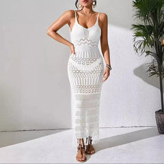 Emira Soft Knit Crochet Dress Resortwear - front shot on model, white - Miss Mosa By Akanksha