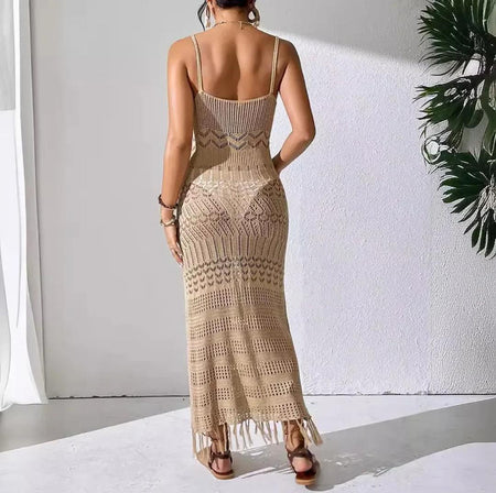 Emira Soft Knit Crochet Dress Resortwear - back shot on model, beige - Miss Mosa By Akanksha