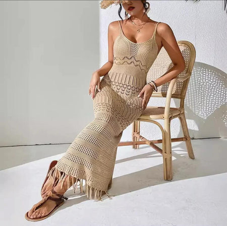Emira Soft Knit Crochet Dress Resortwear - front shot on model seated, beige - Miss Mosa By Akanksha