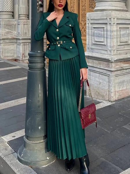 Emma Coord Set With Belt - full-length shot on standing model, dark green - Miss Mosa By Akanksha