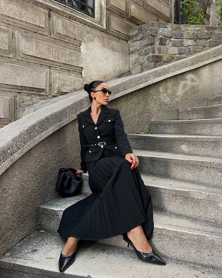 Emma Coord Set With Belt - full-length shot on seated model, black - Miss Mosa By Akanksha