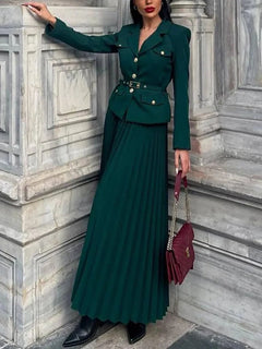 Emma Coord Set With Belt - full-length shot on standing model, dark green - Miss Mosa By Akanksha
