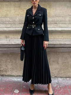 Emma Coord Set With Belt - full-length shot on standing model, black - Miss Mosa By Akanksha