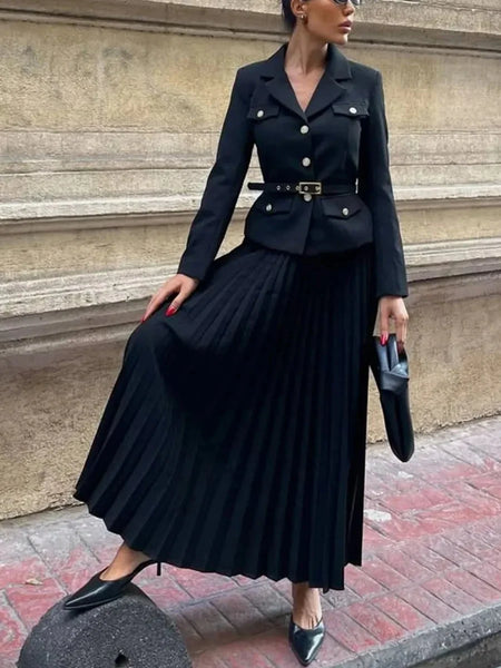 Emma Coord Set With Belt - full-length shot on standing model, black - Miss Mosa By Akanksha