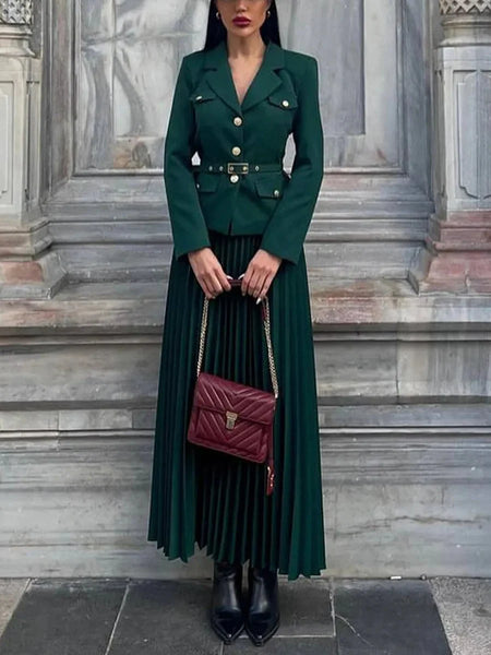 Emma Coord Set With Belt - full-length shot on standing model, dark green - Miss Mosa By Akanksha