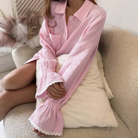 Emma Oversized Cotton Nightsuit Short - seated shot, pink - Miss Mosa By Akanksha