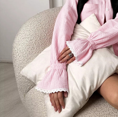 Emma Oversized Cotton Nightsuit Short - sleeve detail shot, pink - Miss Mosa By Akanksha