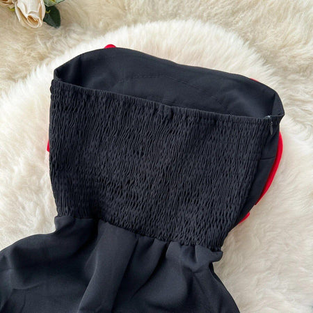 Emmy Off-Shoulder Jumpsuit In Red - close-up of smocked bodice, black - Miss Mosa By Akanksha