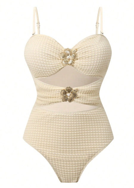 Emy Cutout Swimsuit With Skirt - flat-lay shot, cream - Miss Mosa By Akanksha