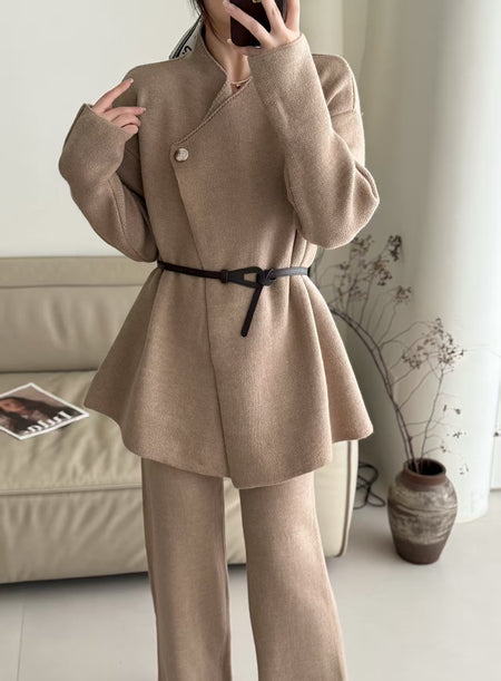 Emy Premium Coord Set With Belt - front styled shot, camel beige - Miss Mosa By Akanksha
