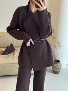 Emy Premium Coord Set With Belt - front styled shot, dark brown - Miss Mosa By Akanksha