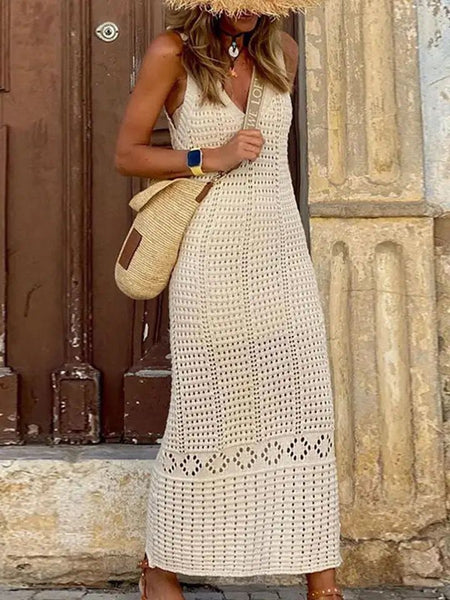 Enora Soft Crochet Dress - full-length front shot on model outdoors, cream - Miss Mosa By Akanksha
