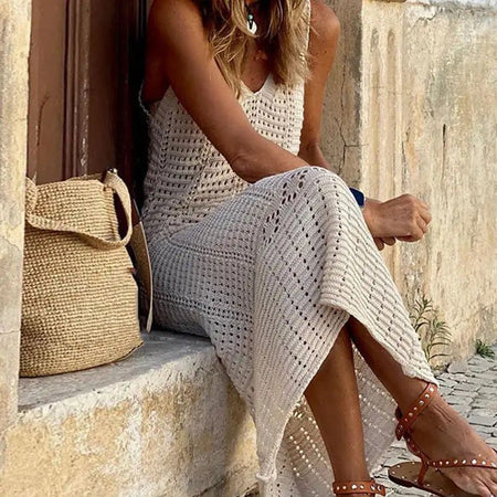 Enora Soft Crochet Dress - side shot on model outdoors, cream - Miss Mosa By Akanksha
