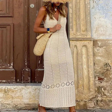 Enora Soft Crochet Dress - full-length front shot on model outdoors, cream - Miss Mosa By Akanksha