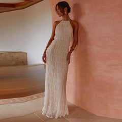 Enya Halterneck Layered Maxi Dress - full-length side shot, cream - Miss Mosa By Akanksha
