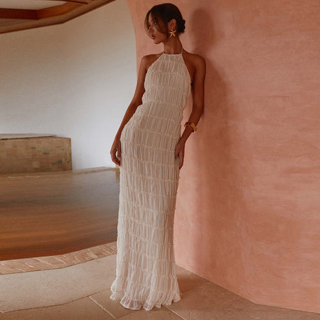 Enya Halterneck Layered Maxi Dress - full-length side shot, cream - Miss Mosa By Akanksha