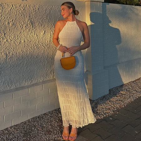 Enya Halterneck Layered Maxi Dress - full-length front shot, cream - Miss Mosa By Akanksha