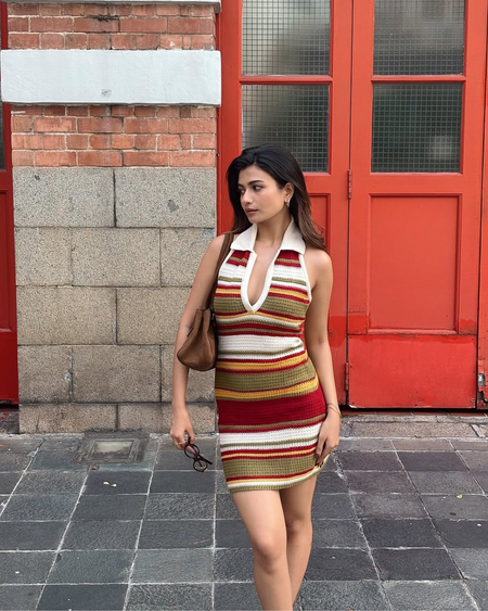 Era Soft Crochet Knit Dress In Multicolour - back shot on model outdoors - Miss Mosa By Akanksha