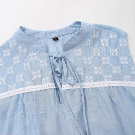 Era Statement Summer Top In Blue - close-up shot of neckline and yoke detail - Miss Mosa By Akanksha