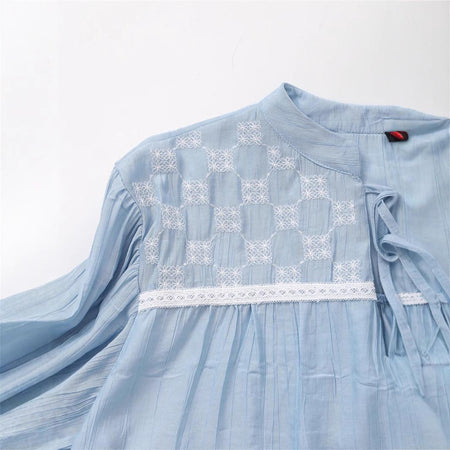 Era Statement Summer Top In Blue - close-up shot of shoulder embroidery detail - Miss Mosa By Akanksha