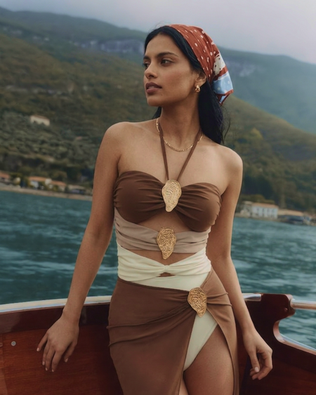 Erica Cutout Swimsuit With Skirt - front shot, brown and beige colourblock with cream wrap - Miss Mosa By Akanksha