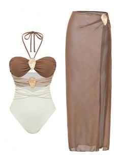 Erica Cutout Swimsuit With Skirt - product shot, brown and beige colourblock - Miss Mosa By Akanksha