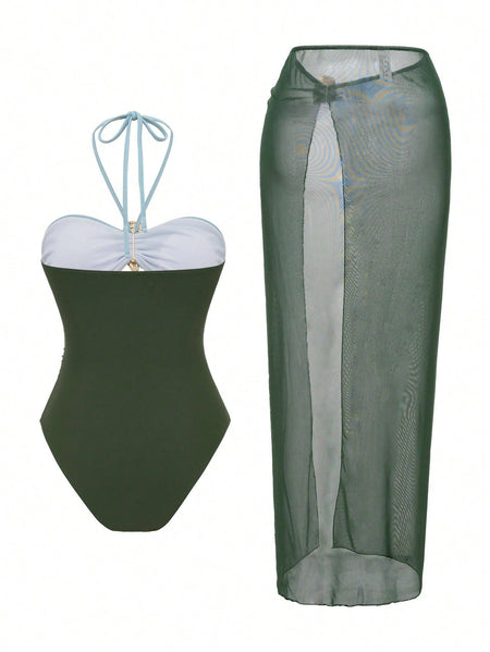 Erica Cutout Swimsuit With Skirt - product shot, brown and beige colourblock - Miss Mosa By Akanksha