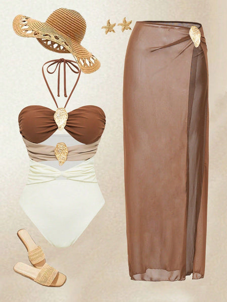 Erica Cutout Swimsuit With Skirt - front shot, blue and mint colourblock with green wrap - Miss Mosa By Akanksha
