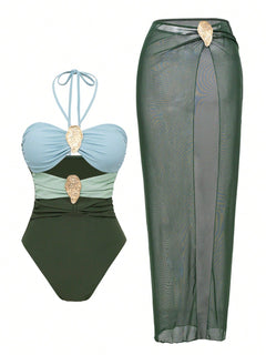 Erica Cutout Swimsuit With Skirt - three-quarter shot, blue and mint colourblock - Miss Mosa By Akanksha