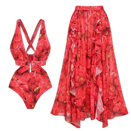 Erica Swimsuit With Ruffled Skirt In Red - flat-lay product shot of swimsuit and ruffled skirt - Miss Mosa By Akanksha