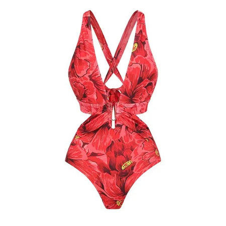 Erica Swimsuit With Ruffled Skirt In Red - back shot of swimsuit flat-lay - Miss Mosa By Akanksha