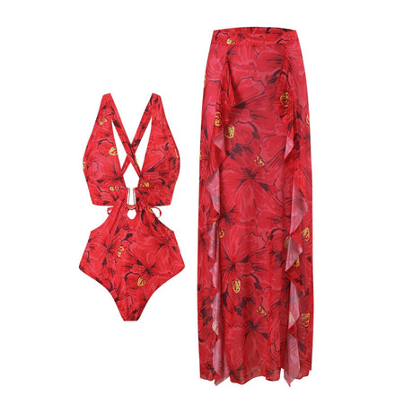 Erica Swimsuit With Ruffled Skirt In Red - flat-lay product shot of swimsuit and ruffled skirt - Miss Mosa By Akanksha