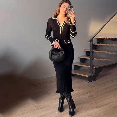 Erin Luxe Soft Knit Dress - full-length shot on model, black - Miss Mosa By Akanksha