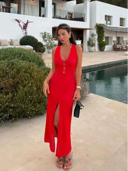Erina Crochet Slit Maxi Dress - full-length front shot on model outdoors, red - Miss Mosa By Akanksha