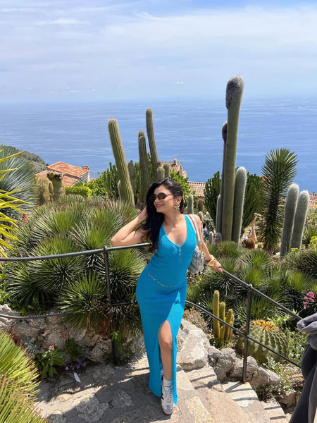 Erina Crochet Slit Maxi Dress - full-length side shot on model outdoors, blue - Miss Mosa By Akanksha