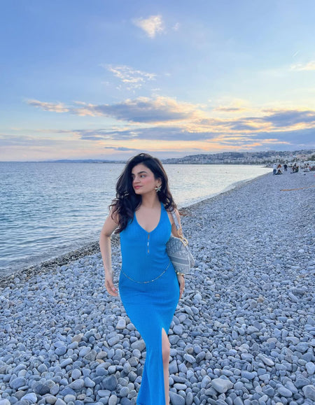 Erina Crochet Slit Maxi Dress - full-length front shot on model outdoors, blue - Miss Mosa By Akanksha