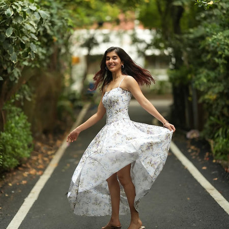 Eris Luxe Floral Maxi Dress In Off White - full-length front shot on model outdoors - Miss Mosa By Akanksha