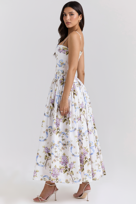 Eris Luxe Floral Maxi Dress In Off White - side shot on model - Miss Mosa By Akanksha