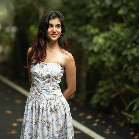 Eris Luxe Floral Maxi Dress In Off White - front shot on model outdoors - Miss Mosa By Akanksha