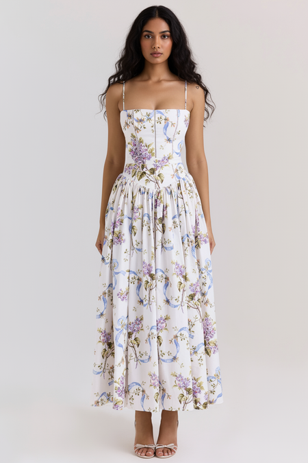 Eris Luxe Floral Maxi Dress In Off White - full-length front shot on model - Miss Mosa By Akanksha