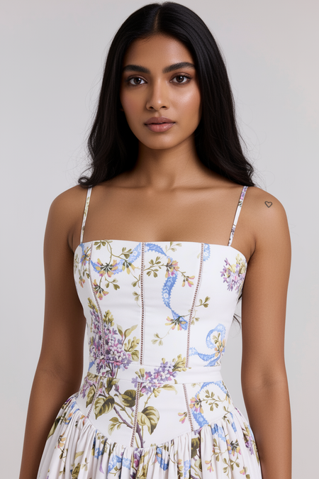 Eris Luxe Floral Maxi Dress In Off White - close-up shot of bodice and print detail on model - Miss Mosa By Akanksha