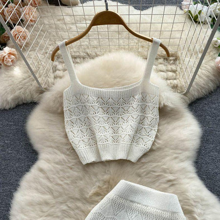 Esme Crochet Coord Set - front shot on hanger, white - Miss Mosa By Akanksha