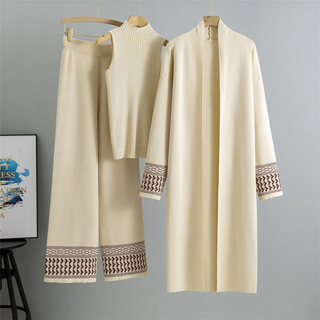 Esra Luxe Winter Coord Set With Cape - flat-lay three-piece set shot on hangers, off-white - Miss Mosa By Akanksha