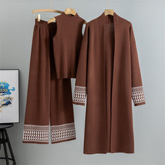 Esra Luxe Winter Coord Set With Cape - flat-lay three-piece set shot on hangers, brown - Miss Mosa By Akanksha