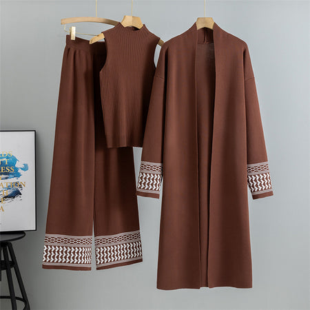 Esra Luxe Winter Coord Set With Cape - flat-lay three-piece set shot on hangers, brown - Miss Mosa By Akanksha