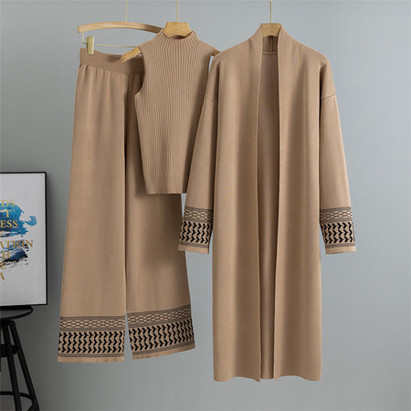 Esra Luxe Winter Coord Set With Cape - flat-lay three-piece set shot on hangers, camel - Miss Mosa By Akanksha