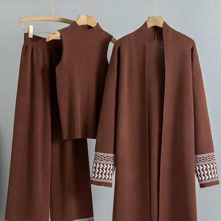 Esra Luxe Winter Coord Set With Cape - close-up of cardigan and top on hangers, brown - Miss Mosa By Akanksha