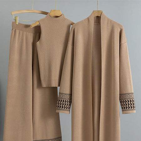 Esra Luxe Winter Coord Set With Cape - close-up of cardigan and top on hangers, camel - Miss Mosa By Akanksha